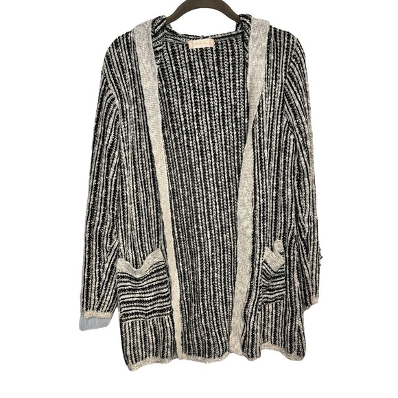 Altar’d State Loose Knit Black and Cream Open Front Hooded Cardigan Small - Picture 1 of 5